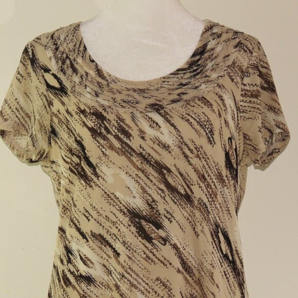 Dana Buckman Women's Brown & Tan Short Sleeve Lined Pullover Blouse Size M C1099 - Picture 1 of 7